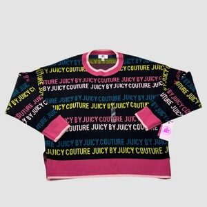 Juicy Couture Black Knit Sweater Logo Print Long Sleeve‎ Ribbed Pink Trim Size L